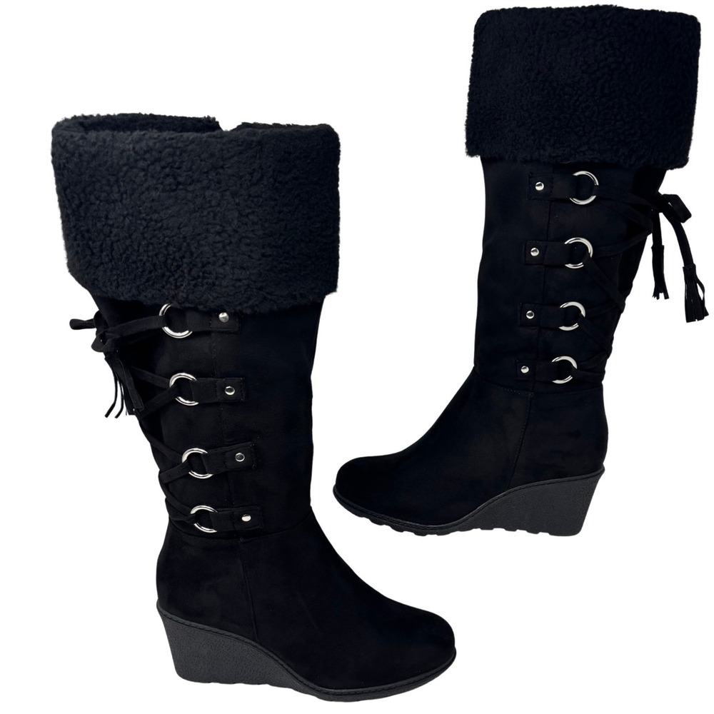 Avenue Cloudwalkers Jamelia Tall Boots 9W Wide‎ Black Faux Suede Wedge